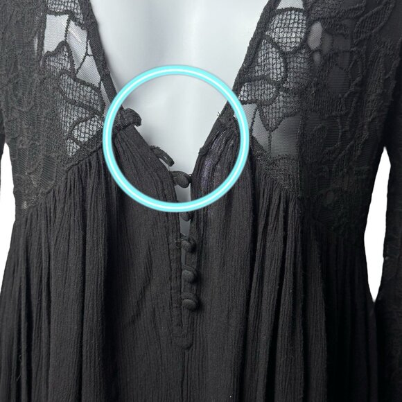 Free People Black Floral Embroidered Bell Sleeve Tunic Whimsigoth Ethereal XS - Picture 8 of 11